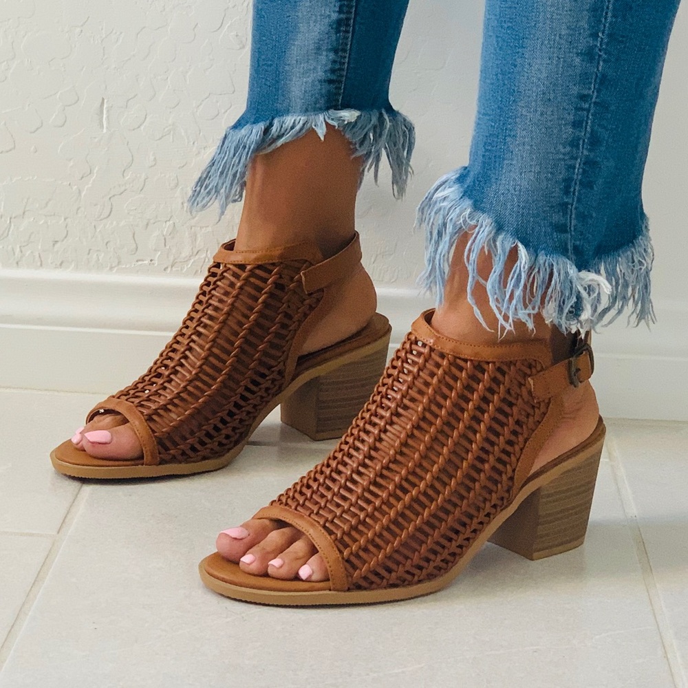 Golden Tan Woven Block Heel Gladiator Sandal